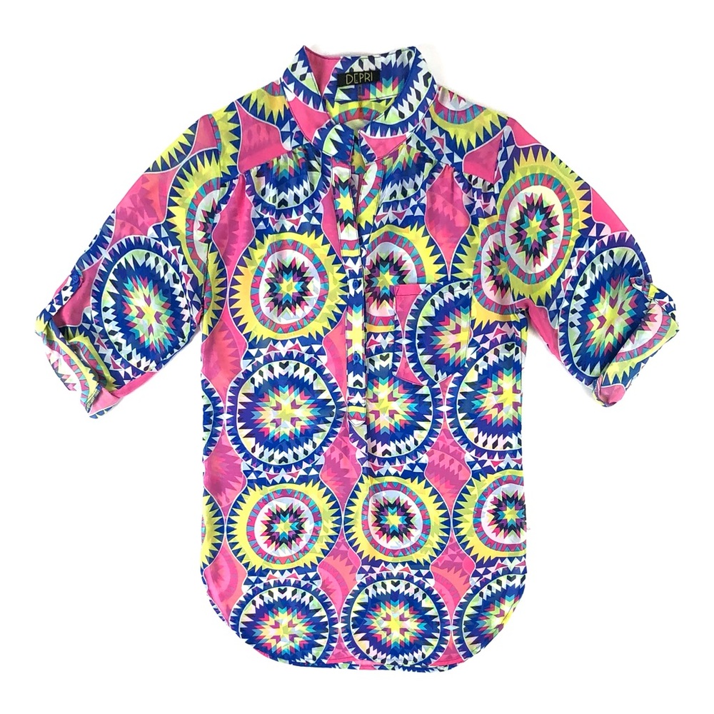 Depri Print Roll Sleeve Print Sheer Blouse